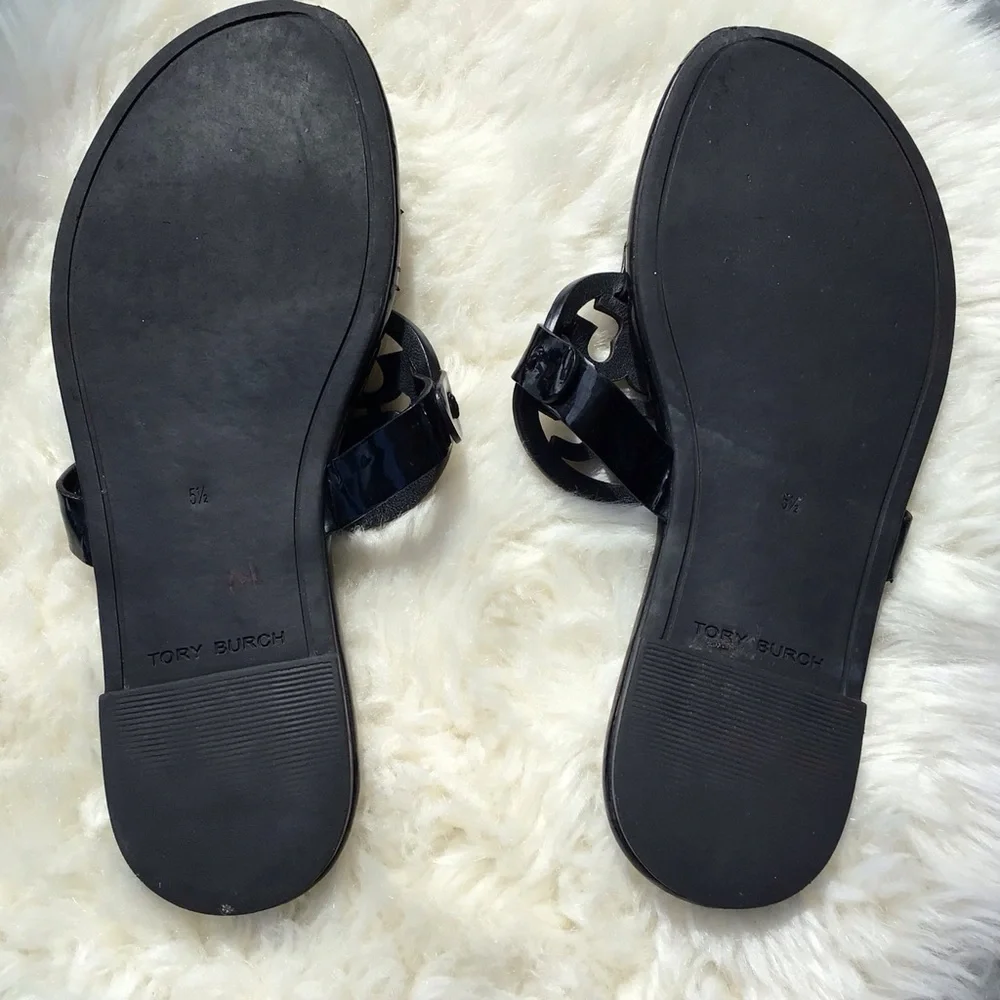 Tory Burch Miller Black Patent Logo Thong Sandals with Double Stacked T Logo